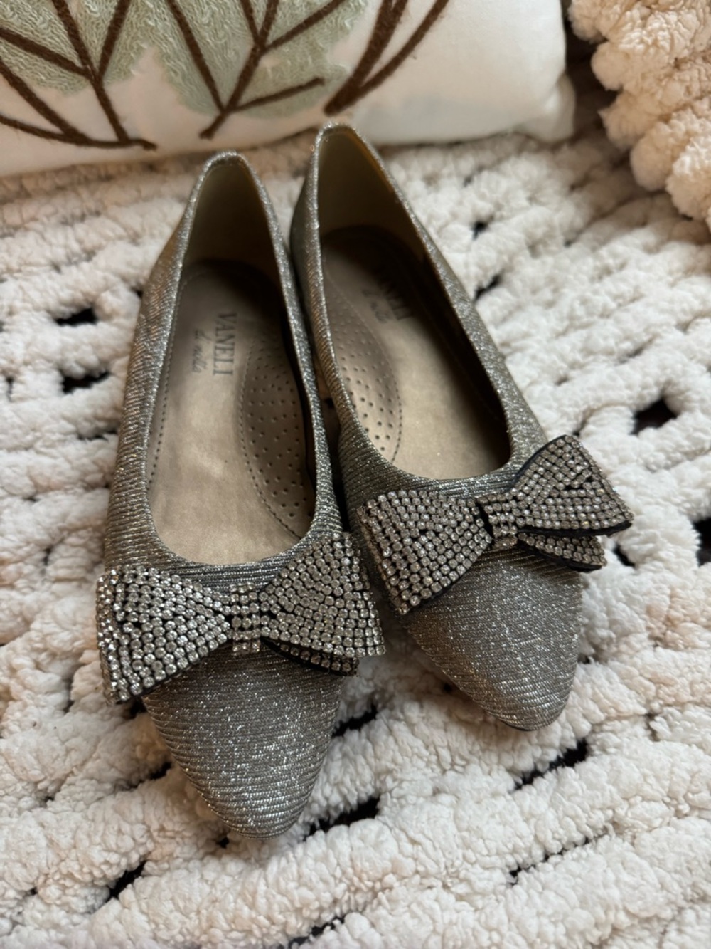 Vaneli Silver Glitter Pointed-Toe Flats with Crystal Bow